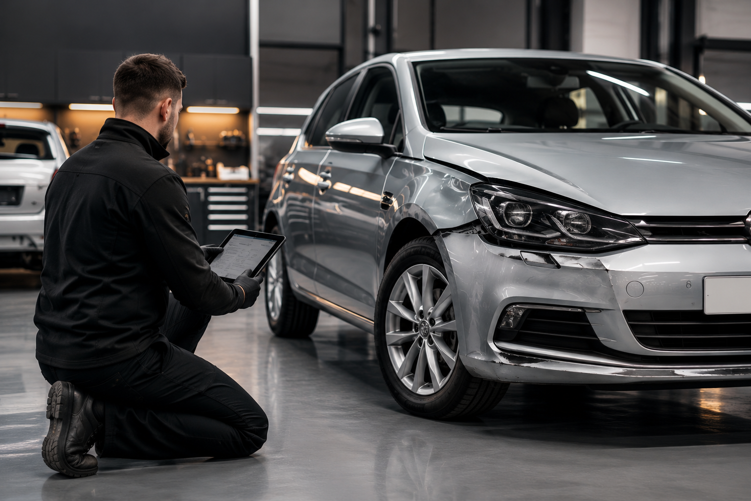 Accident-damaged car being repaired in the workshop