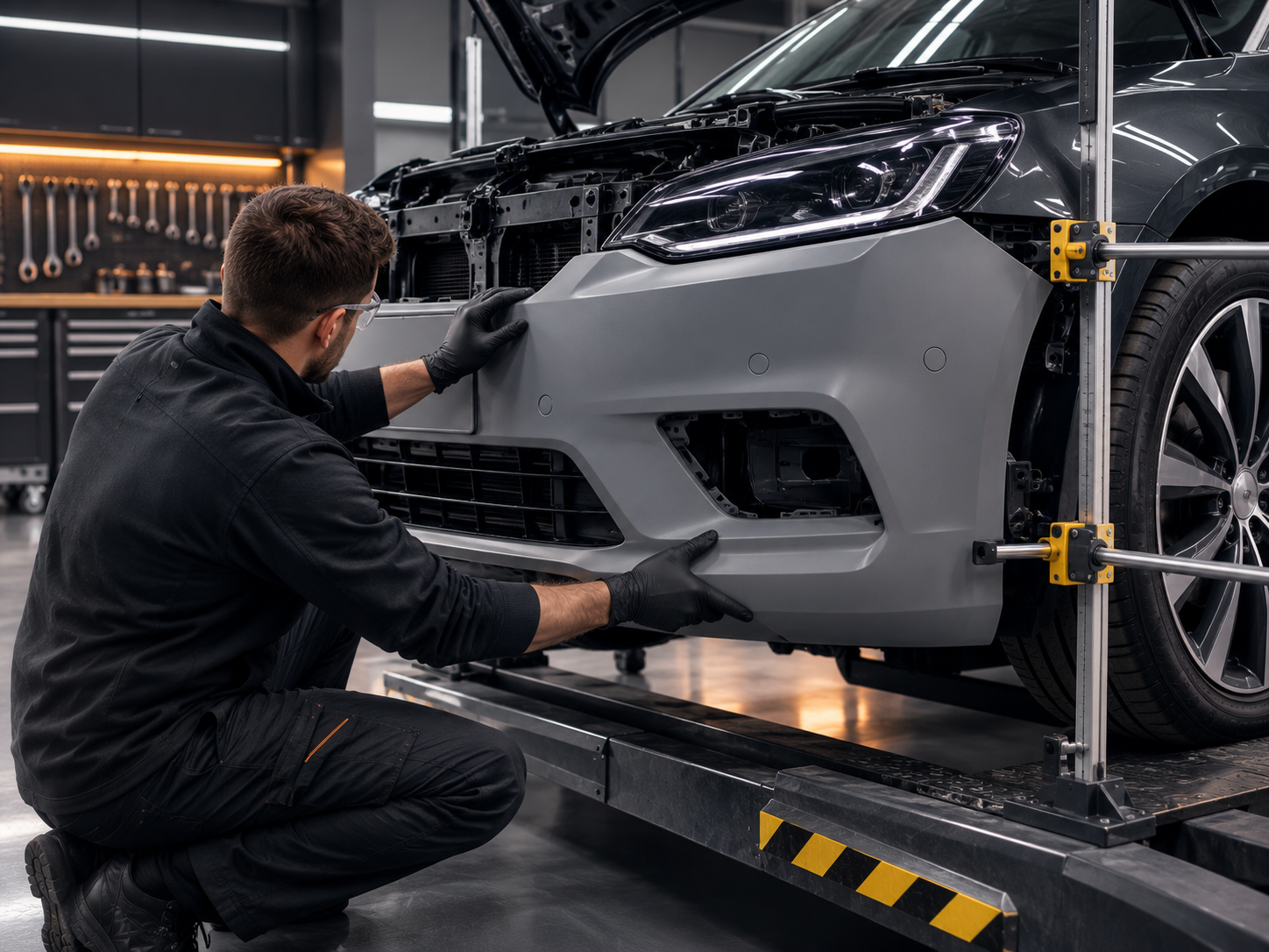 Bumper and panel being repaired