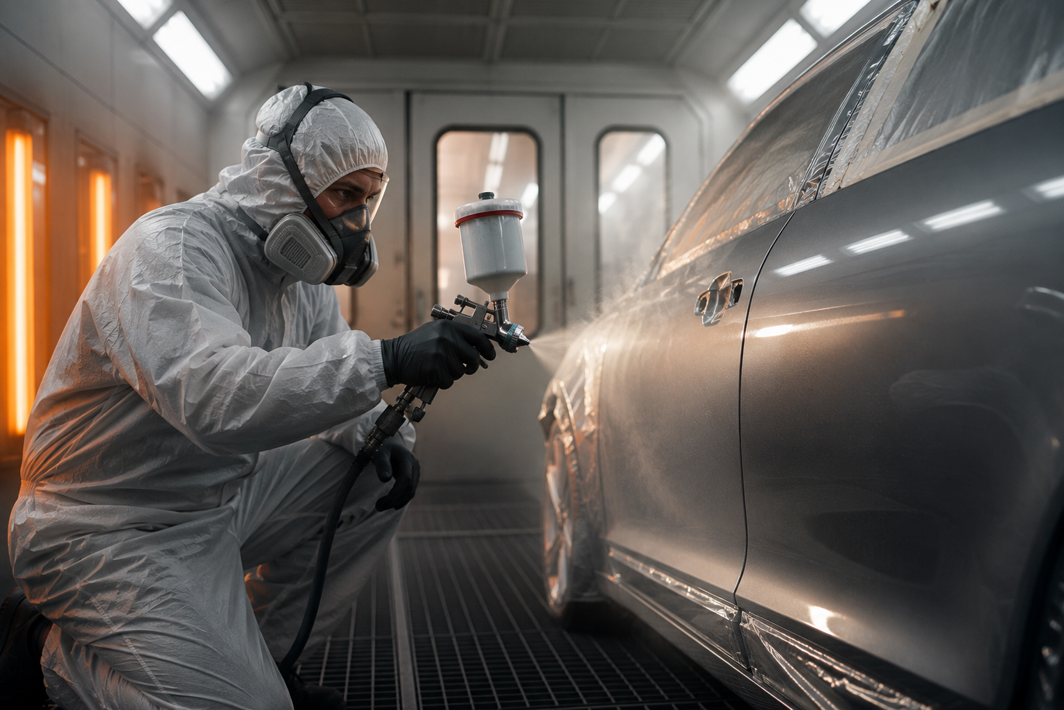 Technician colour-matching paint in the spray booth